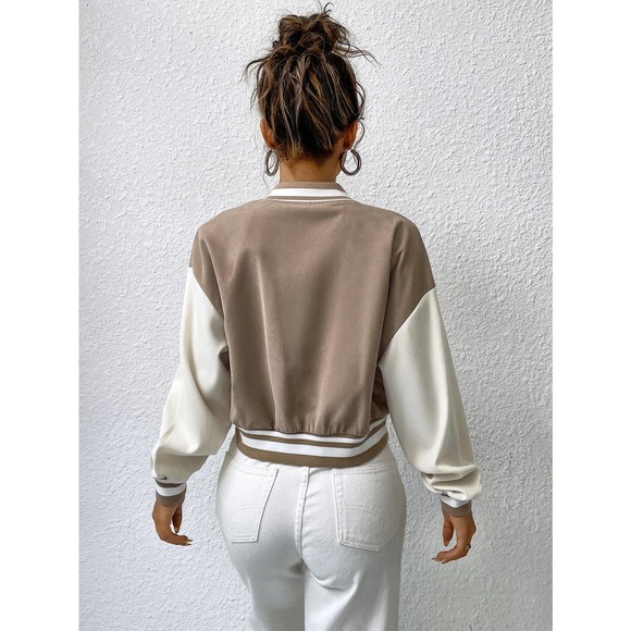 Striped Trim Color Block Varsity Bomber Jacket tan white - Picture 2 of 6